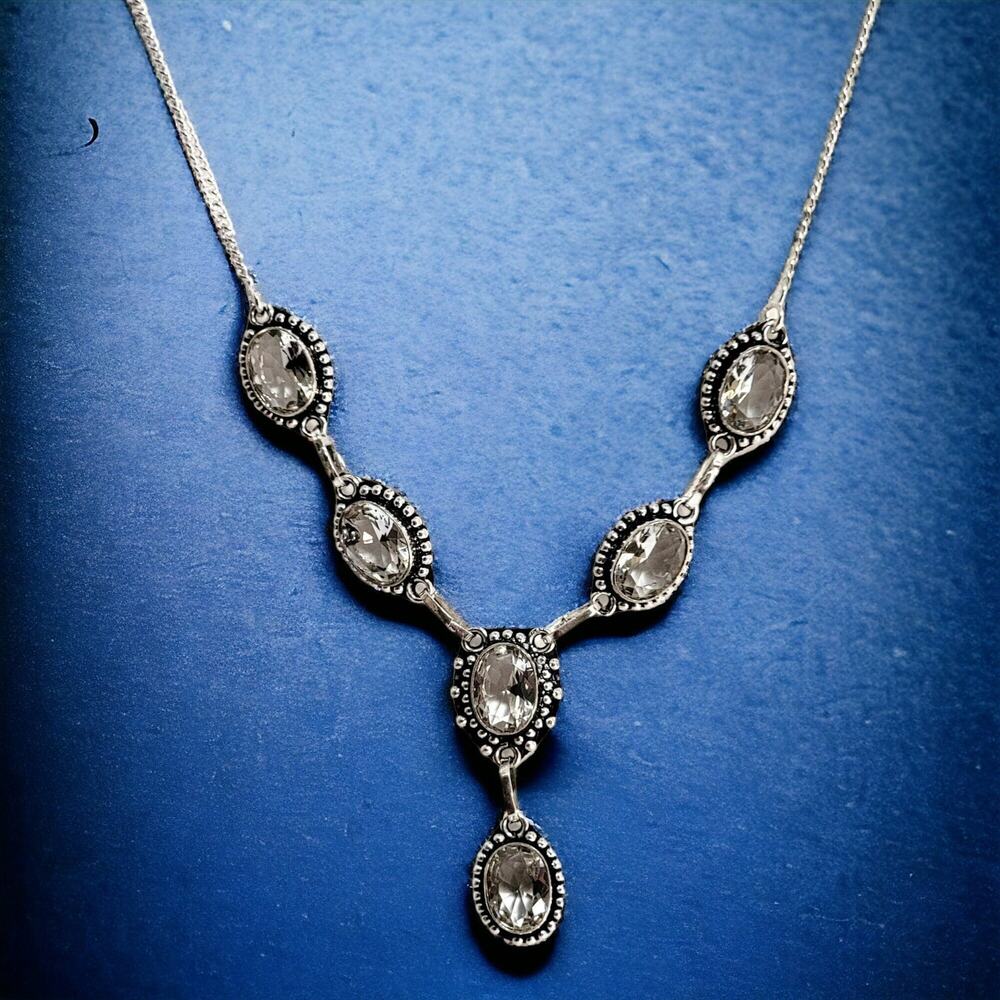 Sterling Silver Crystal Stone Cluster Necklace Handcrafted Boho Statement